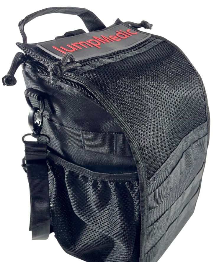 JumpMedic bag angled view showing MOLLE webbing and zippered compartments